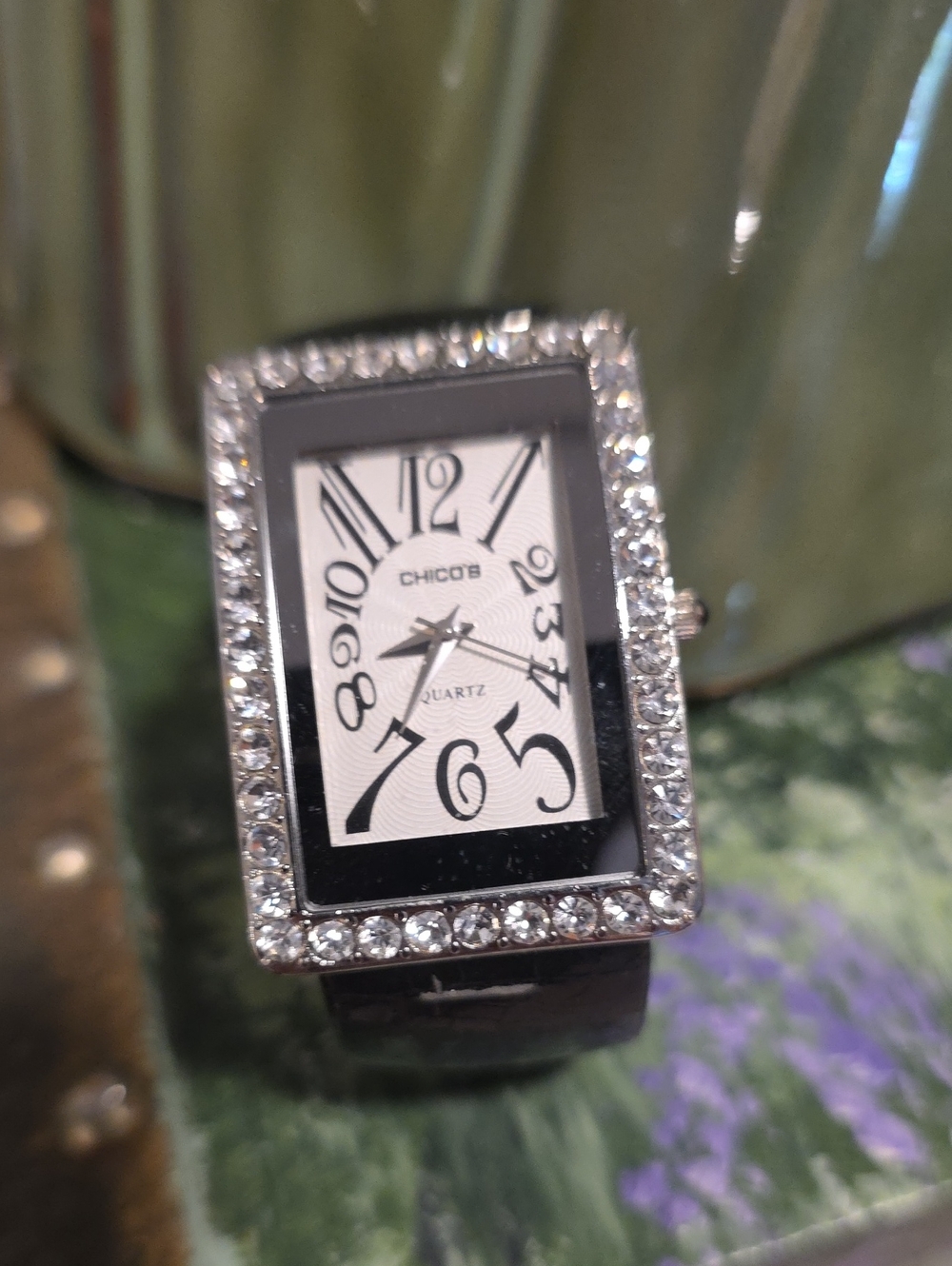 Chico's Silver Crystal-Trim Rectangular Watch with White Dial